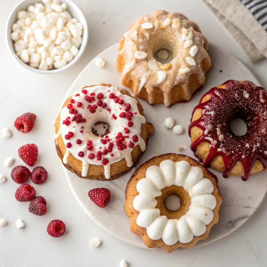 White Chocolate Raspberry Bundt Cake – Sweet & Tangy Delight 11 Four mini White Chocolate Raspberry Bundt Cakes with toppings
