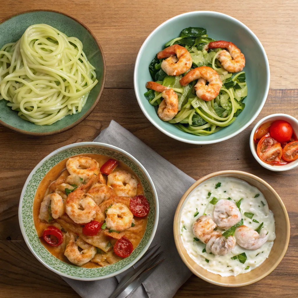 Variations of Tuscan shrimp dishes flat lay
