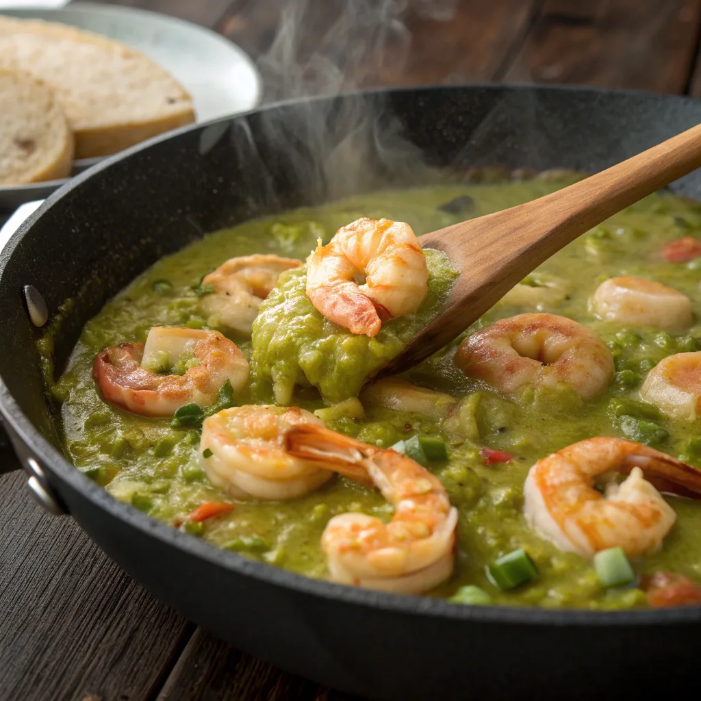 Shrimps in Culichi Salsa Recipe – Creamy, Zesty, and Family-Friendly 10 Cooking Shrimps in Culichi Salsa in skillet