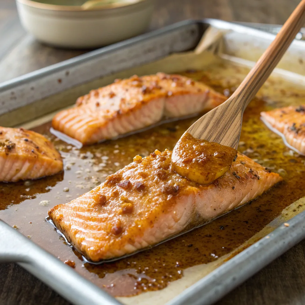 Maple Dijon Baked Salmon – Easy Sheet Pan Dinner in 25 Minutes 10 Maple Dijon salmon cooking in oven