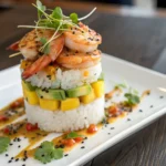 Spicy Shrimp Sushi Stacks Recipe – Quick, Easy, Family-Friendly 12 Spicy shrimp sushi stack on a white plate
