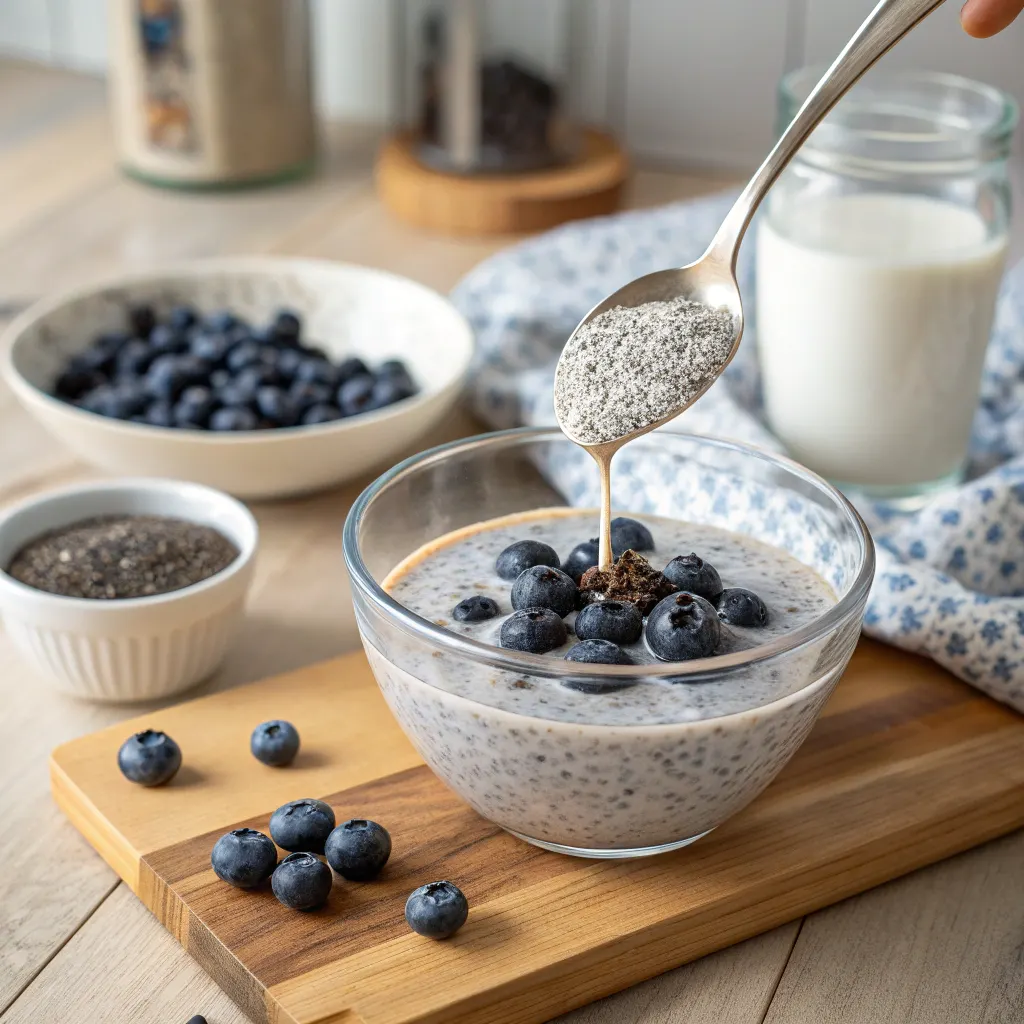 No-Bake Blueberry Chia Seed Pie – Quick, Healthy & Delicious Dessert 10 Preparing blueberry chia pudding filling