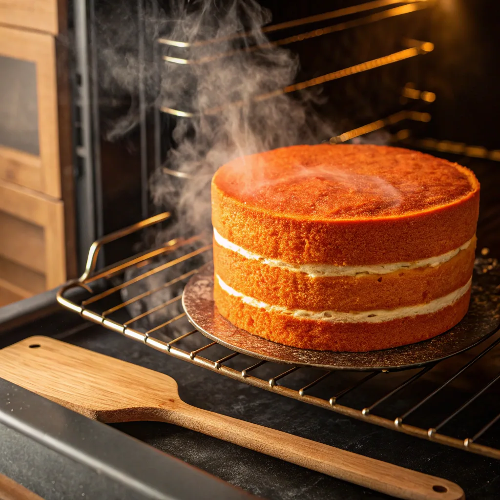 Orange velvet cake baking in oven