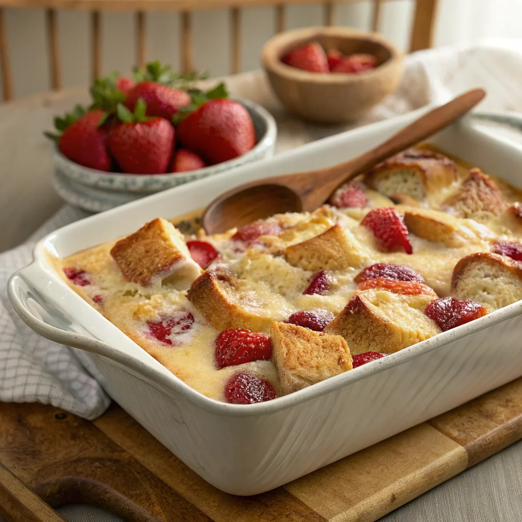 Cooking strawberries and cream French toast in baking dish