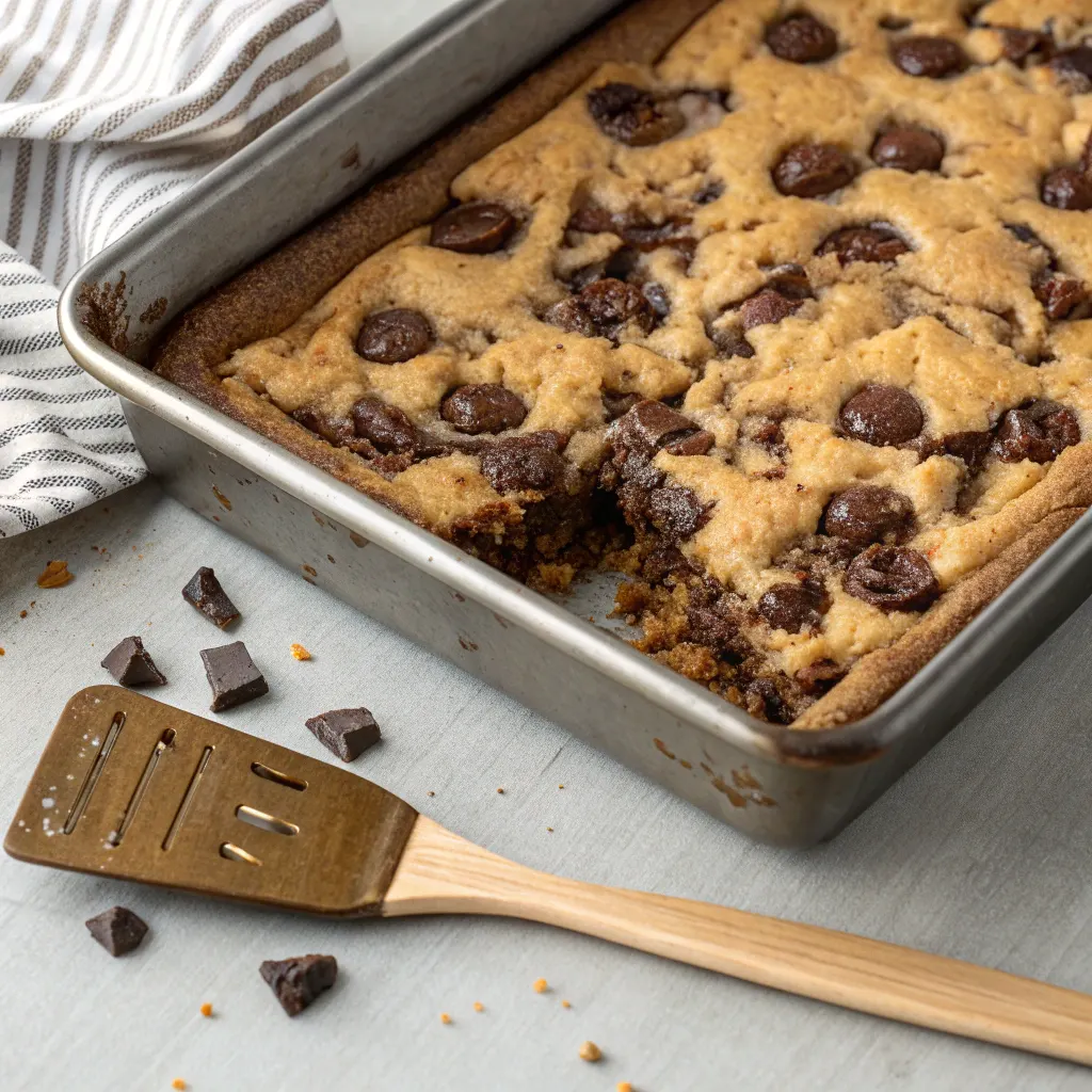 Baking fudgy chewy brookies in a pan