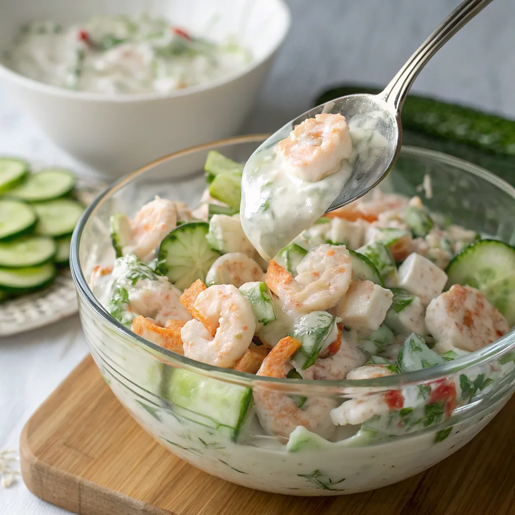 Mixing creamy cucumber shrimp salad