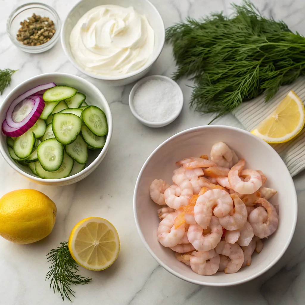Ingredients for creamy cucumber shrimp salad