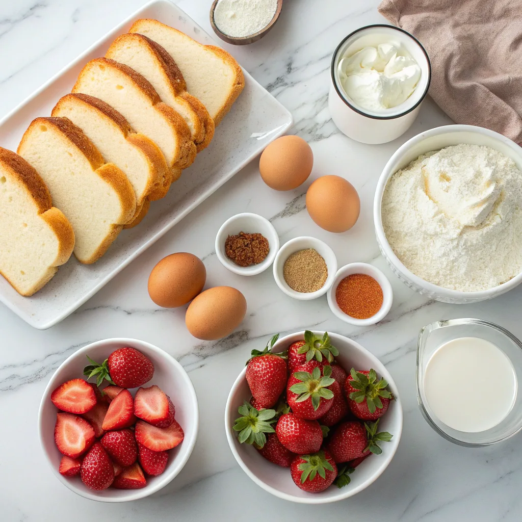 Ingredients for strawberries and cream French toast bake