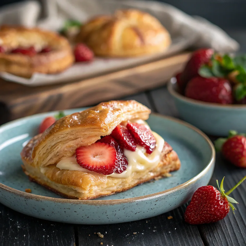 Strawberry Danish Recipe – Flaky, Sweet, and Easy to Make 8 Golden strawberry Danish with fresh strawberries