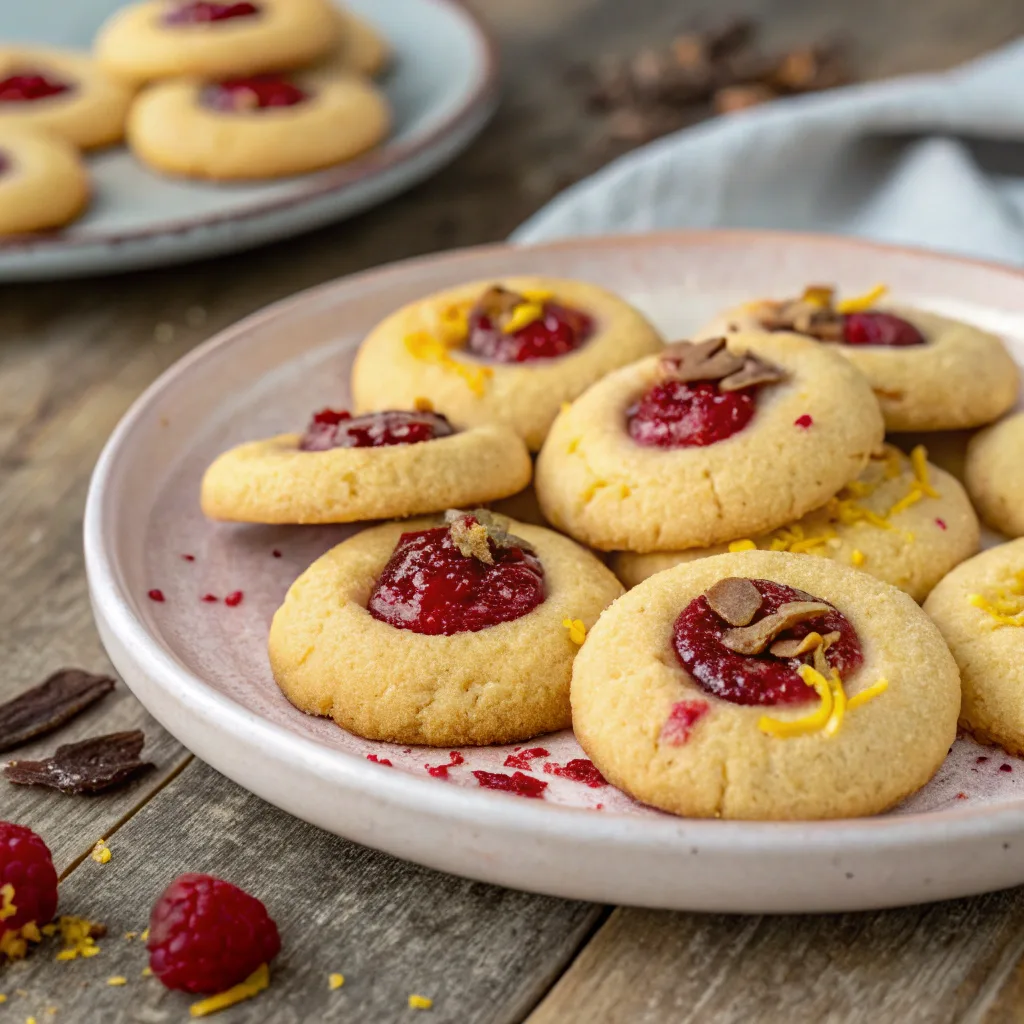Close-up of raspberry thumbprint cookie with jam