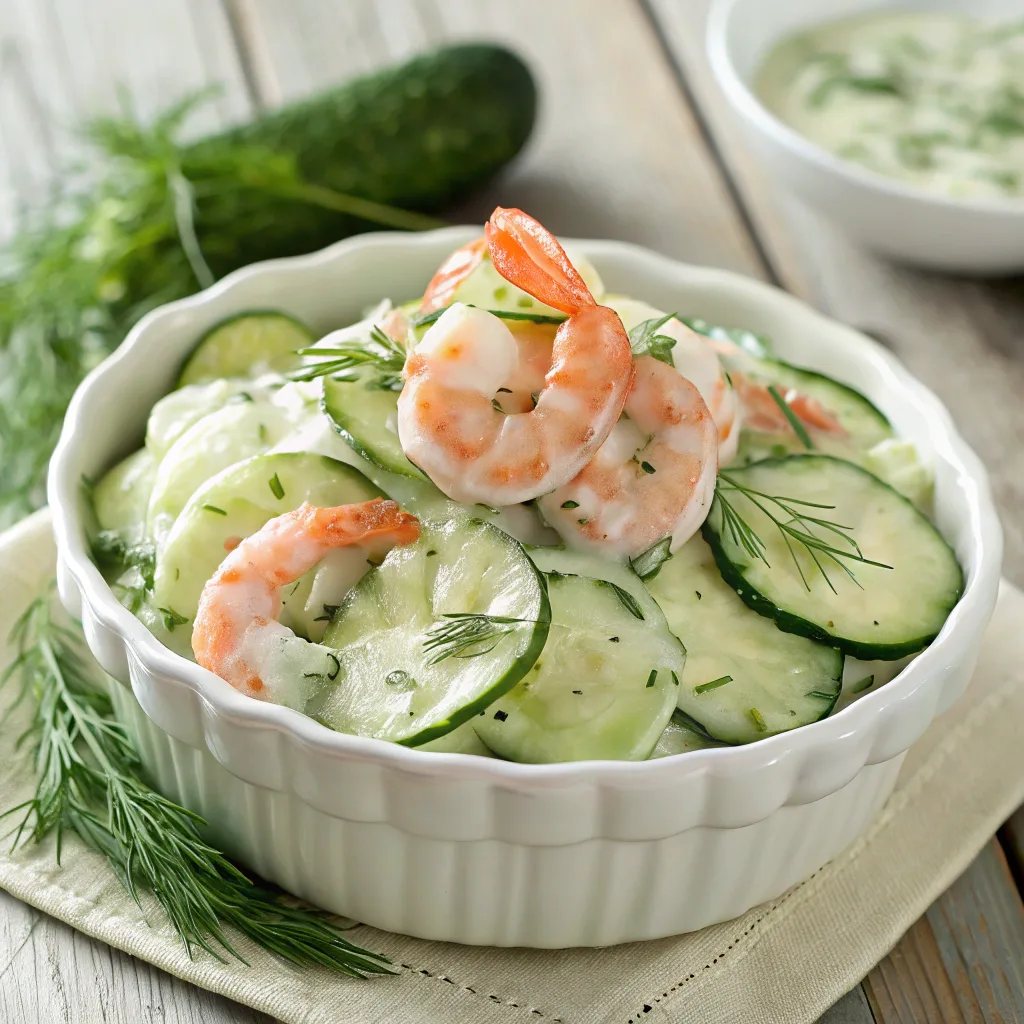 Creamy cucumber shrimp salad in a white bowl