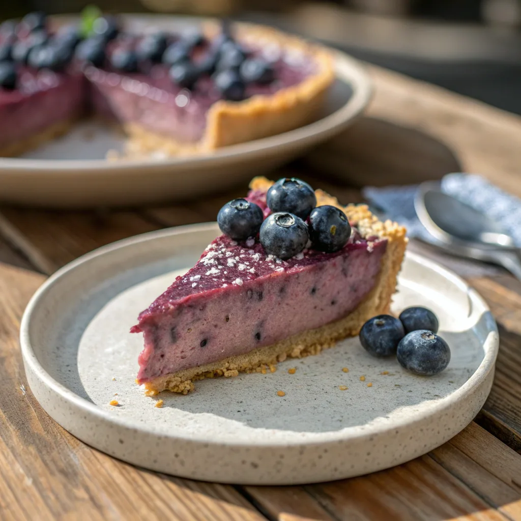 Slice of no-bake blueberry chia seed pie