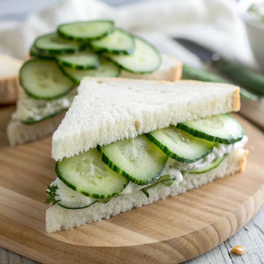 Fresh cucumber salad sandwich on white bread