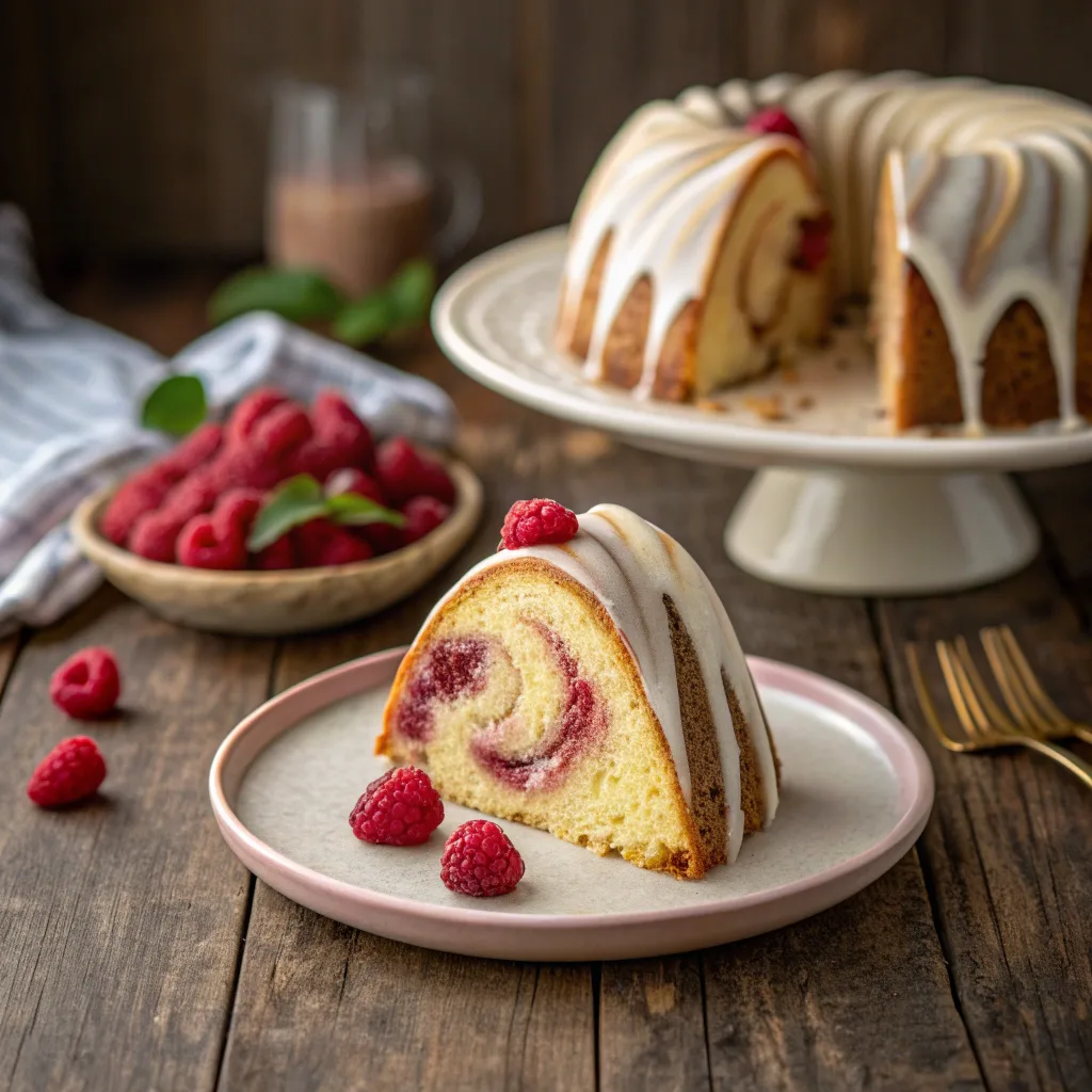 Slice of White Chocolate Raspberry Bundt Cake on plate
