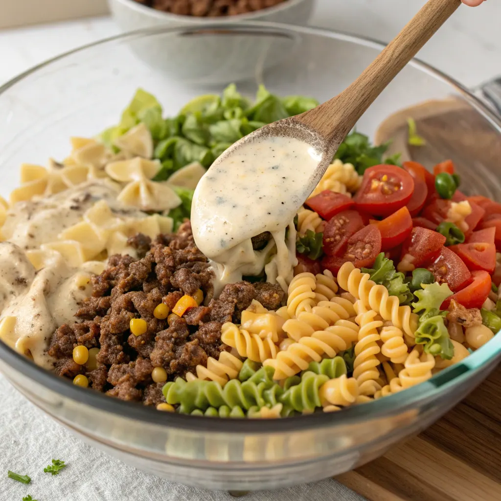Mixing taco pasta salad in bowl