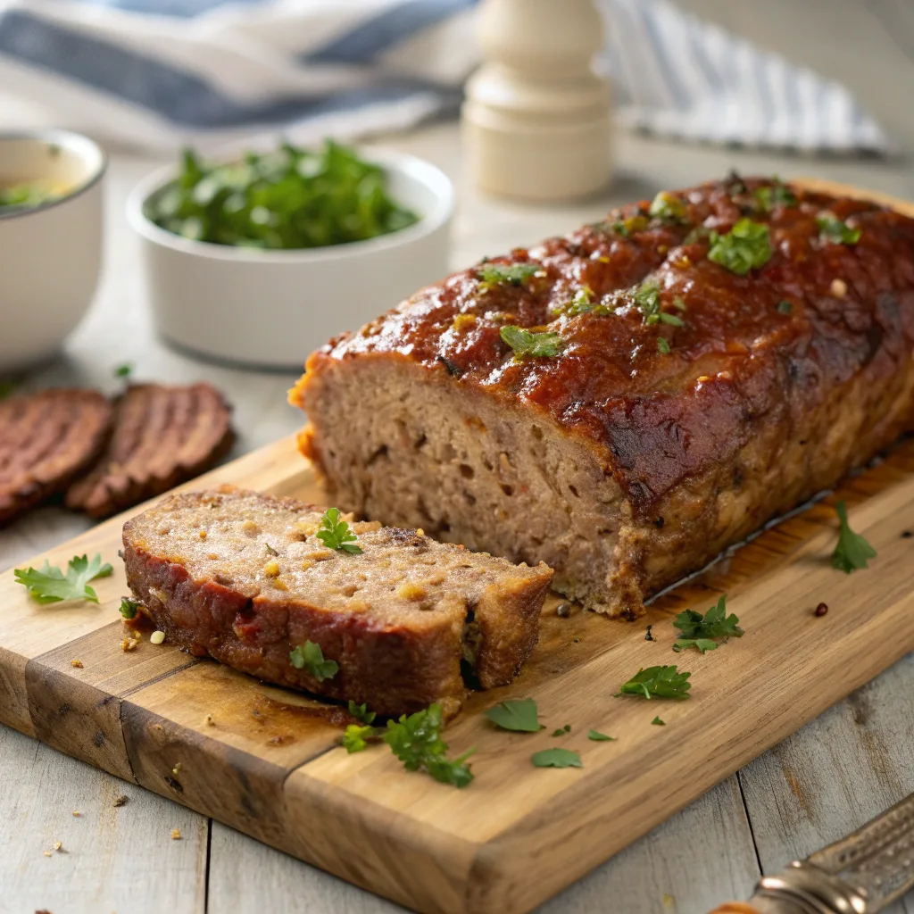 Perfectly baked Gordon Ramsay Meatloaf sliced on cutting board