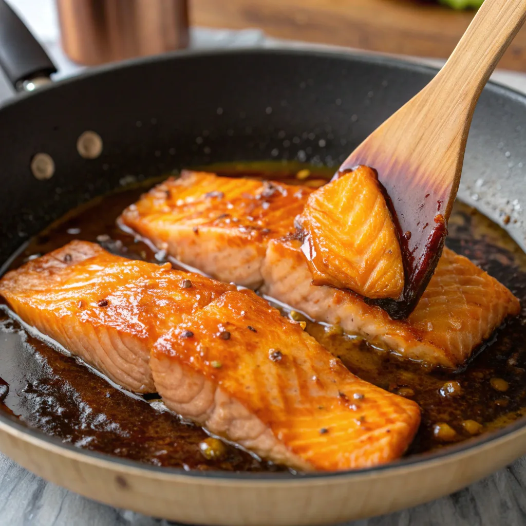 Cooking mango teriyaki salmon in a skillet