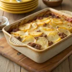 Ground beef and potato layered casserole served hot