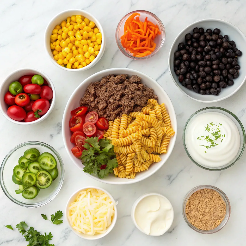Ingredients for taco pasta salad