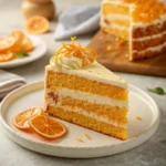 Slice of orange velvet cake with cream cheese frosting