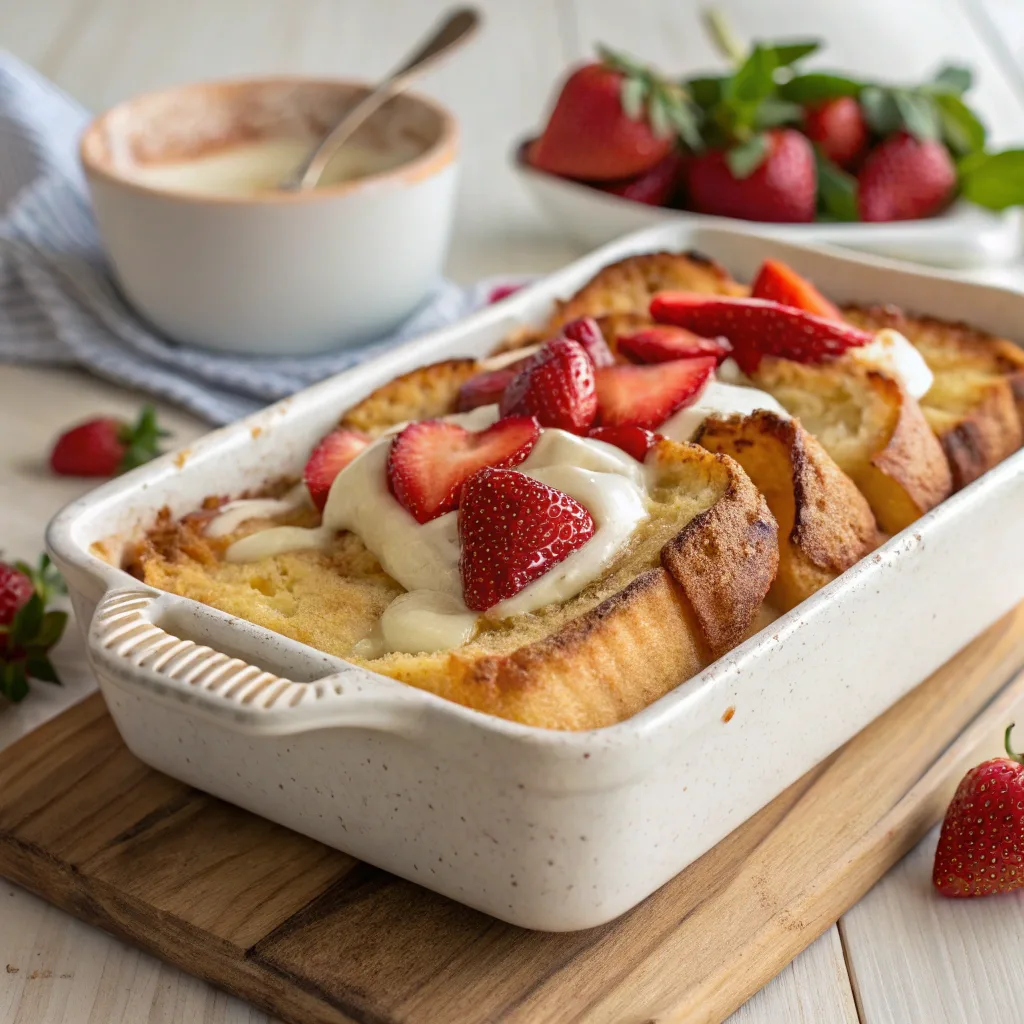 Strawberries and cream French toast bake served on plate