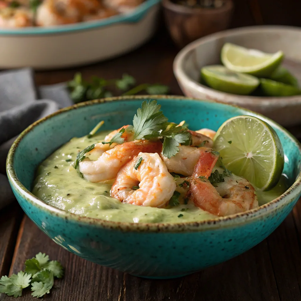 Shrimps in Culichi Salsa served in turquoise bowl