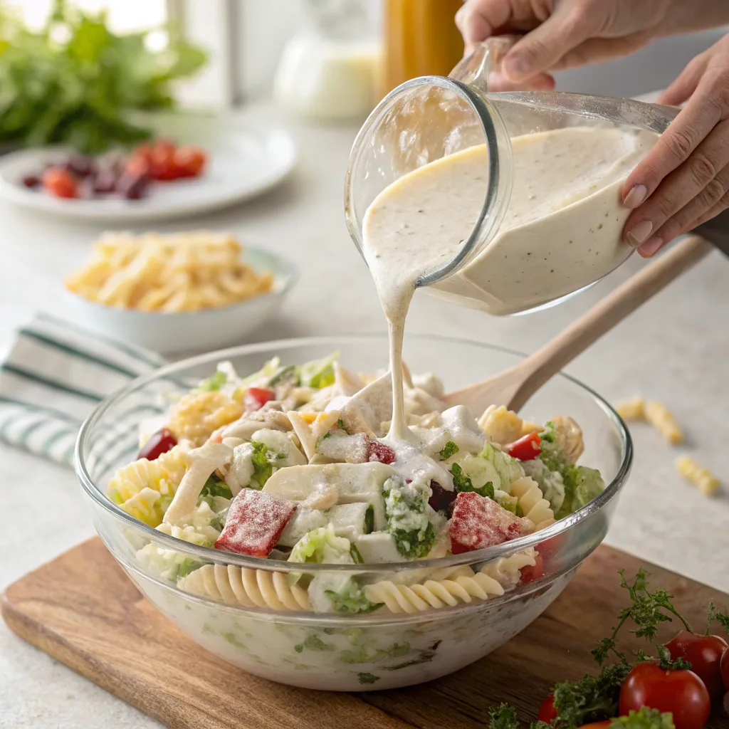 Tossing California pasta salad in a bowl