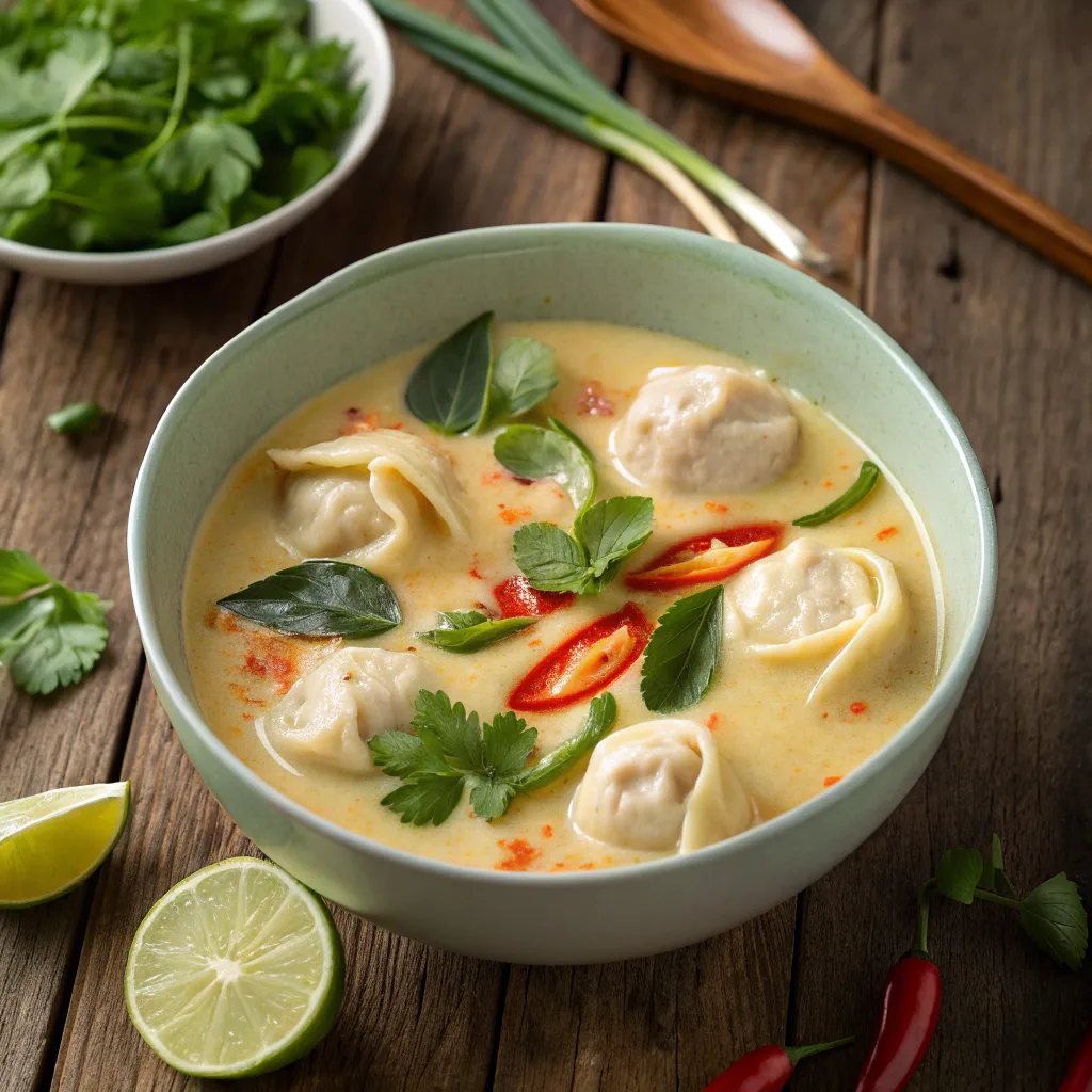Creamy Thai dumpling soup in a bowl