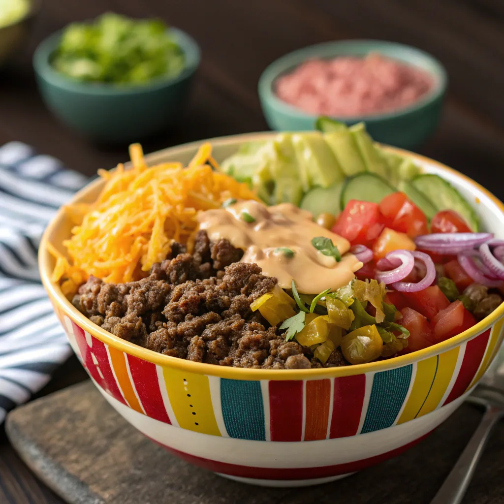 Colorful burger bowl with beef, veggies, and sauce
