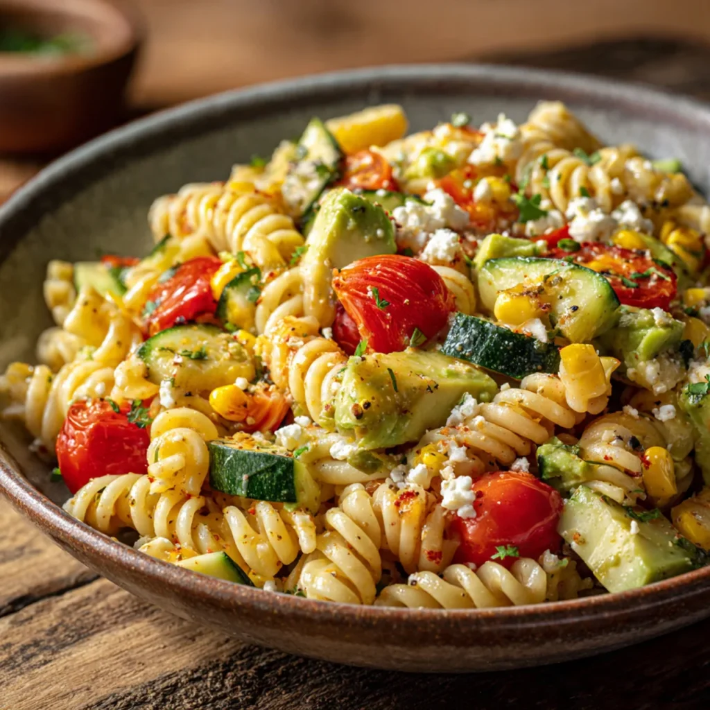Fresh California pasta salad in bowl