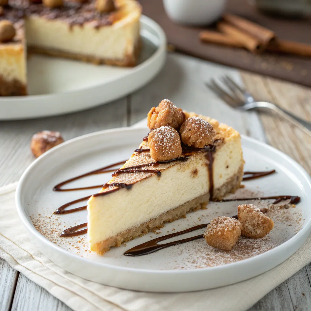 Slice of churro cheesecake topped with mini churros