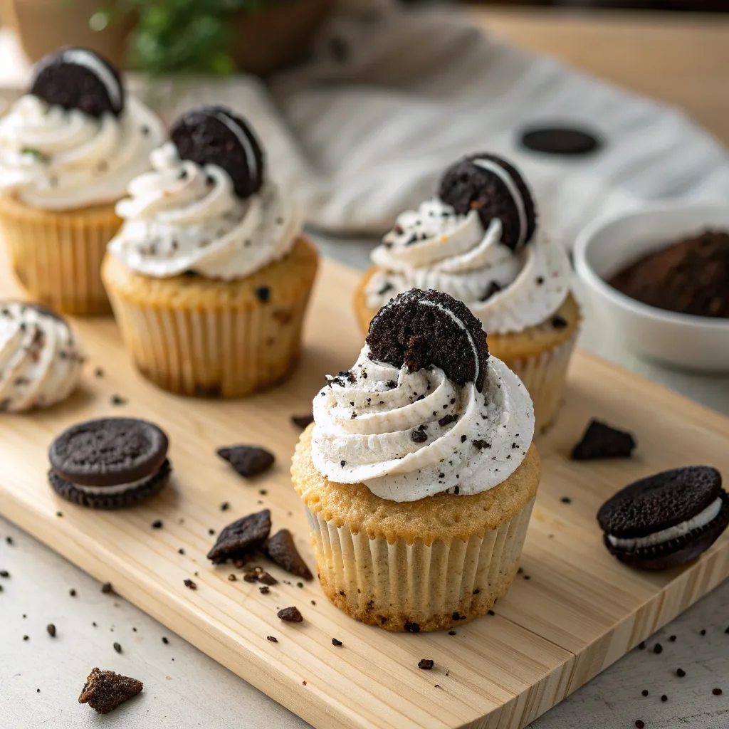 Close-up of cookies and cream cupcakes topped with halved Oreos