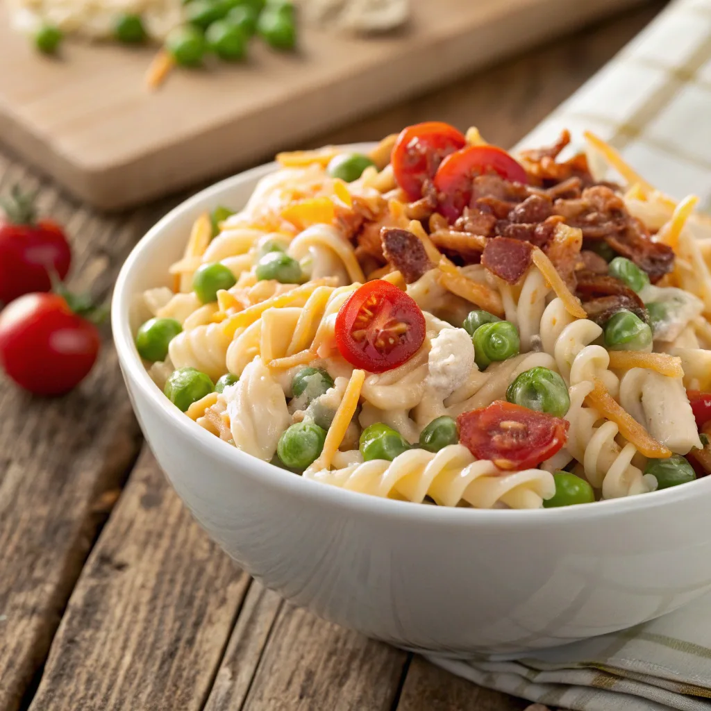 Creamy ranch pasta salad with bacon and cheddar