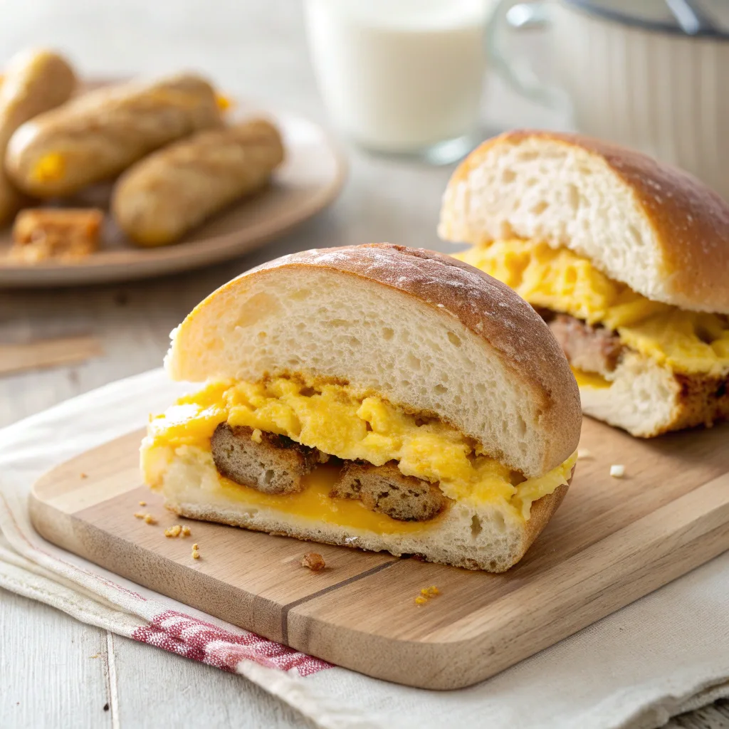 Sausage egg and cheese breakfast roll cut in half
