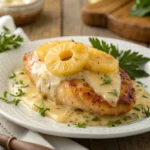 Close-up of baked Malibu Chicken with pineapple