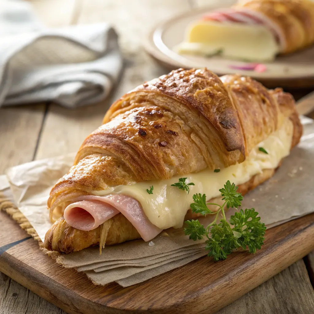 Golden baked ham and cheese croissant