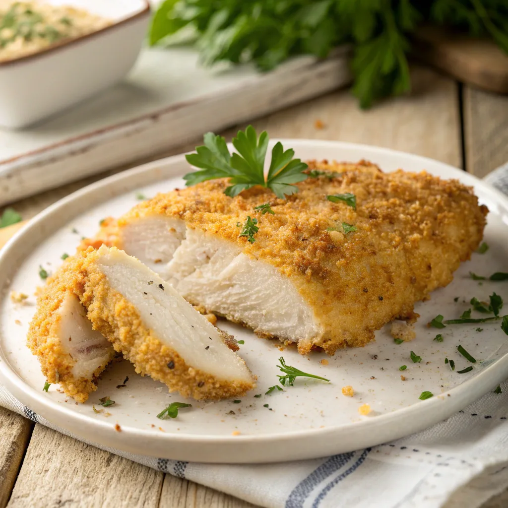 Crispy baked Italian Parmesan chicken on plate
