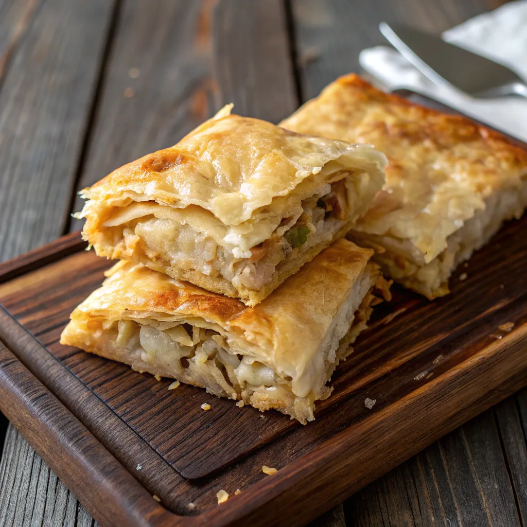 Golden crispy chicken borek on a plate
