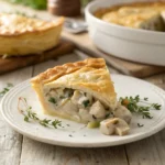 Easy Chicken and Mushroom Pie – Classic British Style 12 Slice of chicken and mushroom pie on white plate
