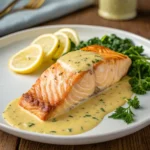 Salmon with Mustard Sauce – Baked, Pan-Seared or Air Fryer 12 Salmon with mustard sauce served on white plate