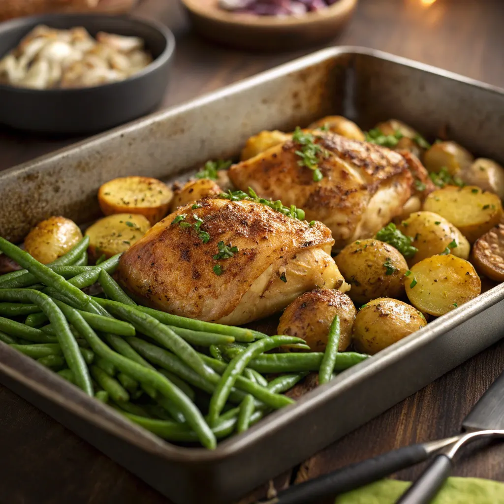 One pan garlic herb chicken with potatoes and green beans