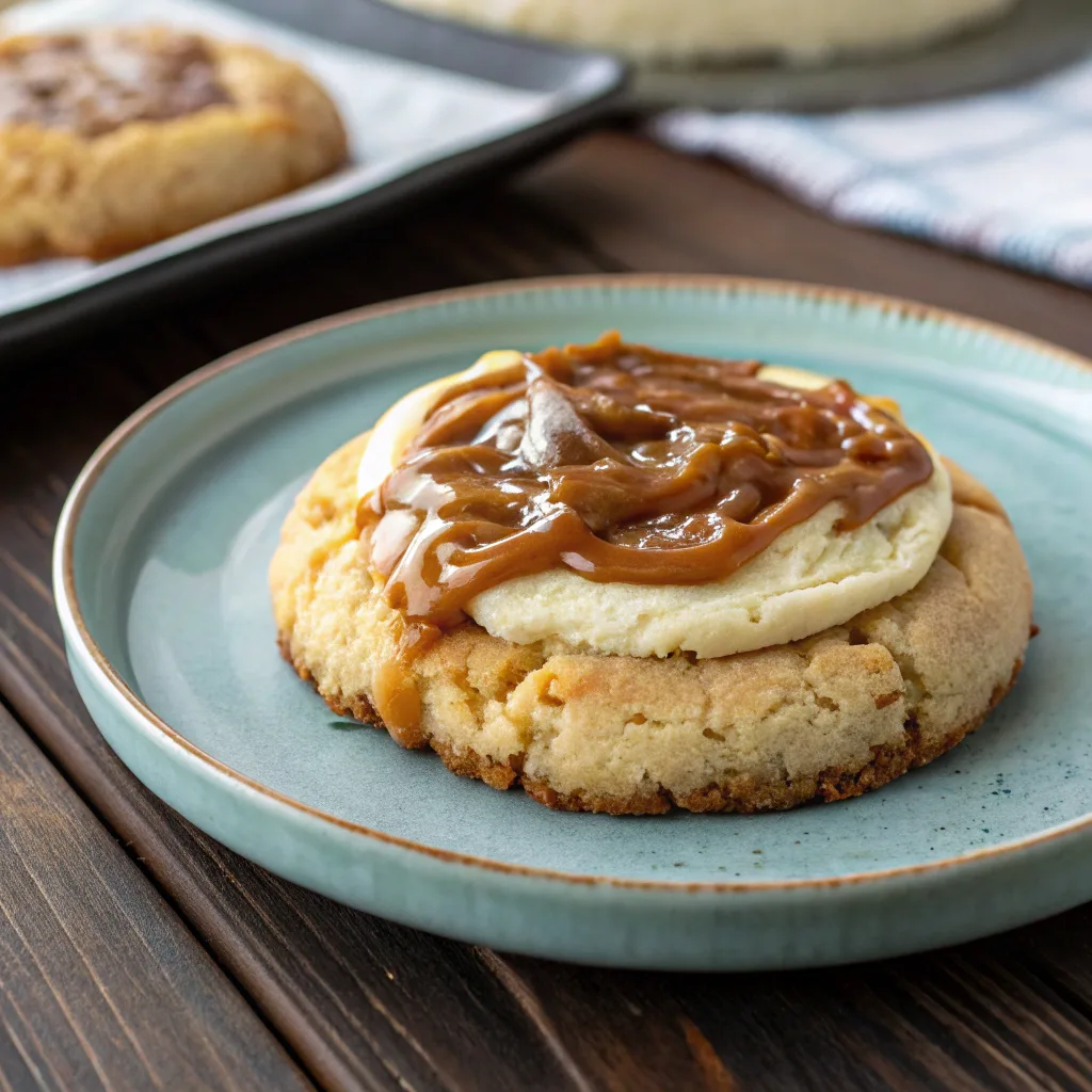 Crumbl Salted Caramel Cheesecake Cookie with caramel drizzle