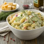 Creamy dill pickle pasta salad in white bowl