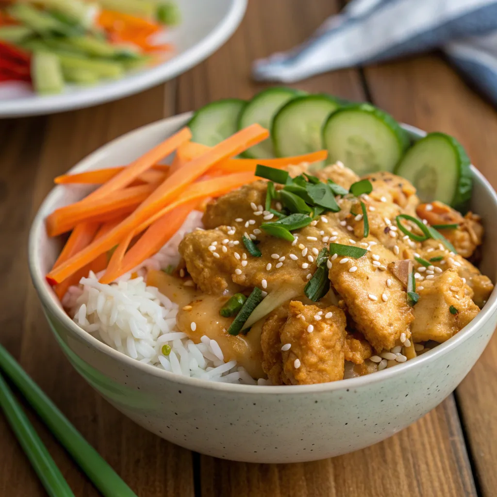 Bang Bang Chicken Bowl served over rice with vegetables