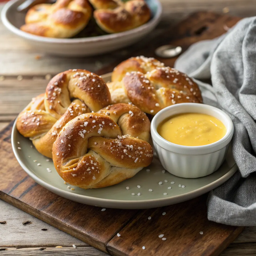 Golden homemade soft pretzels with coarse salt