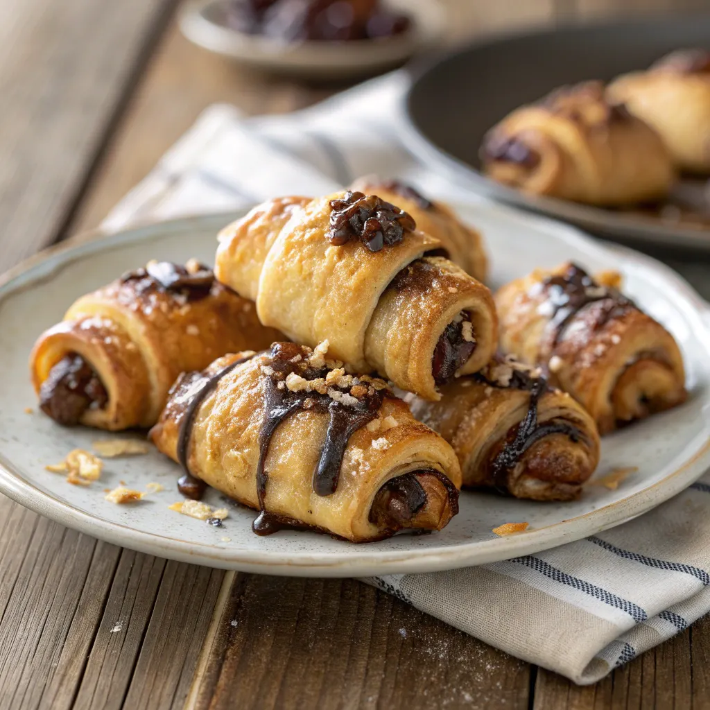 Golden-brown Rugelach crescents on parchment