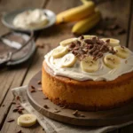 Banana Bonanza cake topped with frosting and banana slices