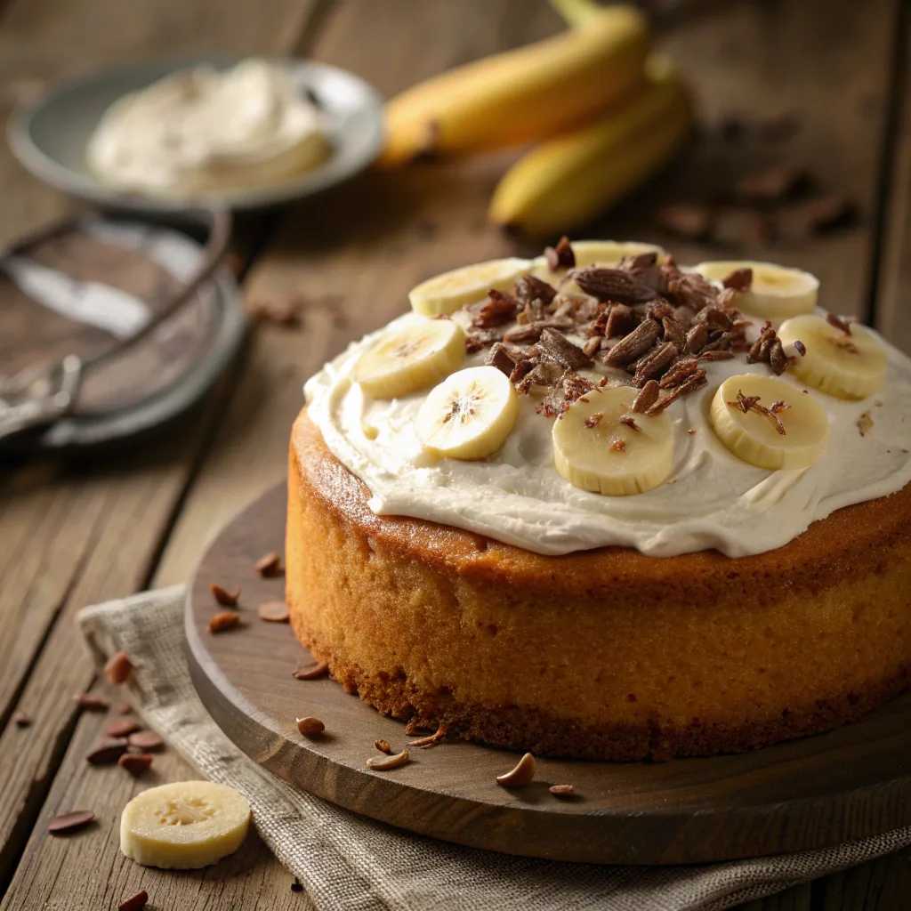 Banana Bonanza cake topped with frosting and banana slices
