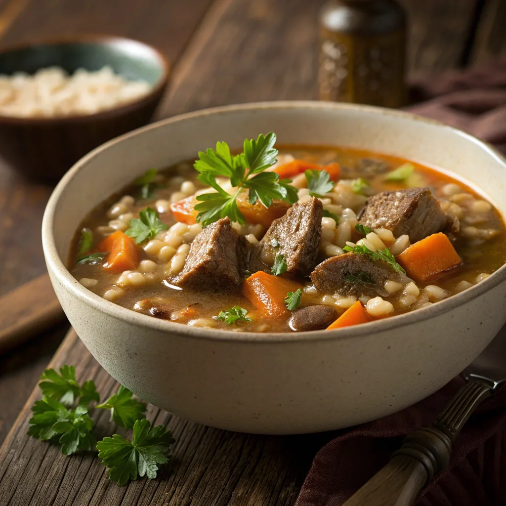 Beef and Barley Soup Recipe in rustic bowl