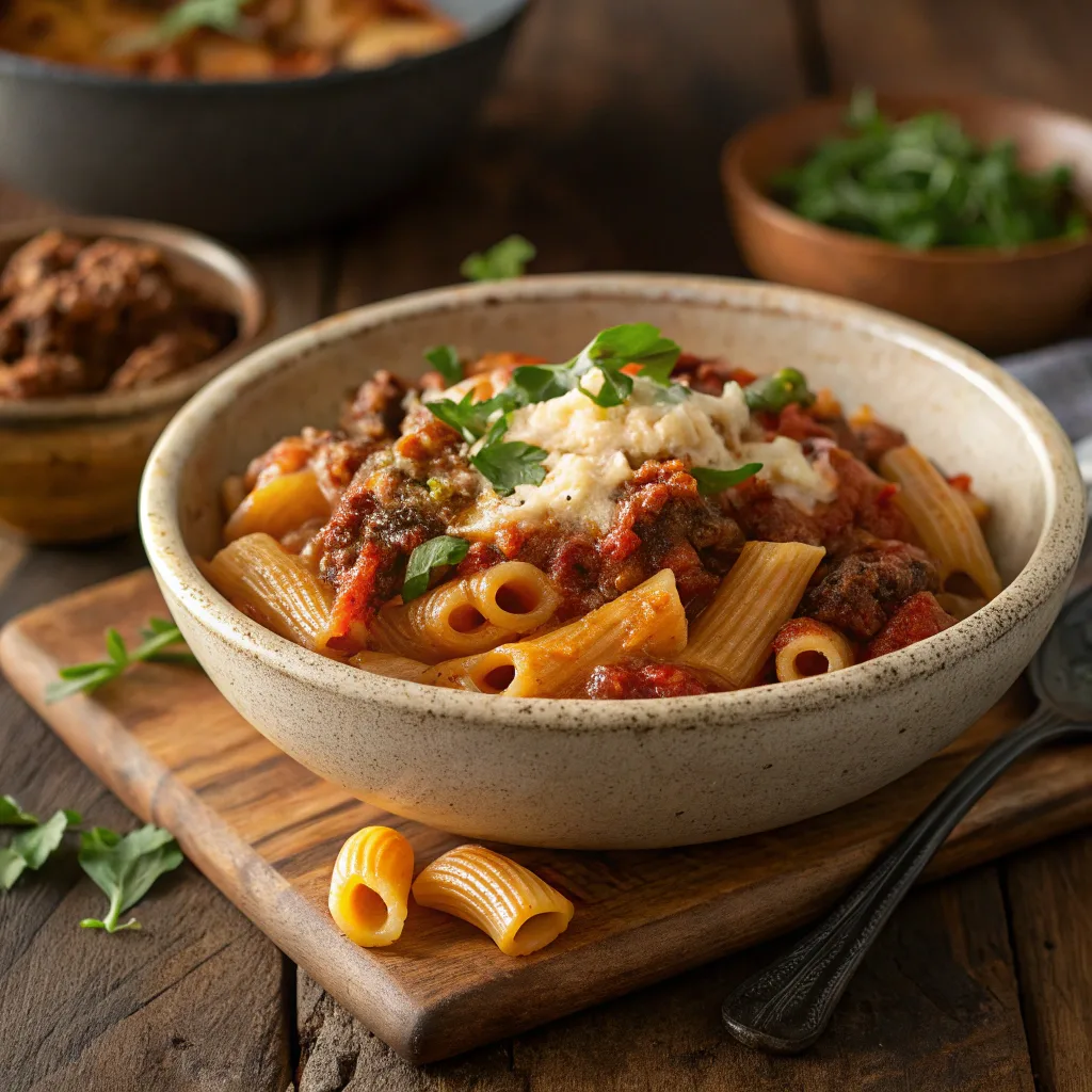 Homemade beefaroni served in a bowl